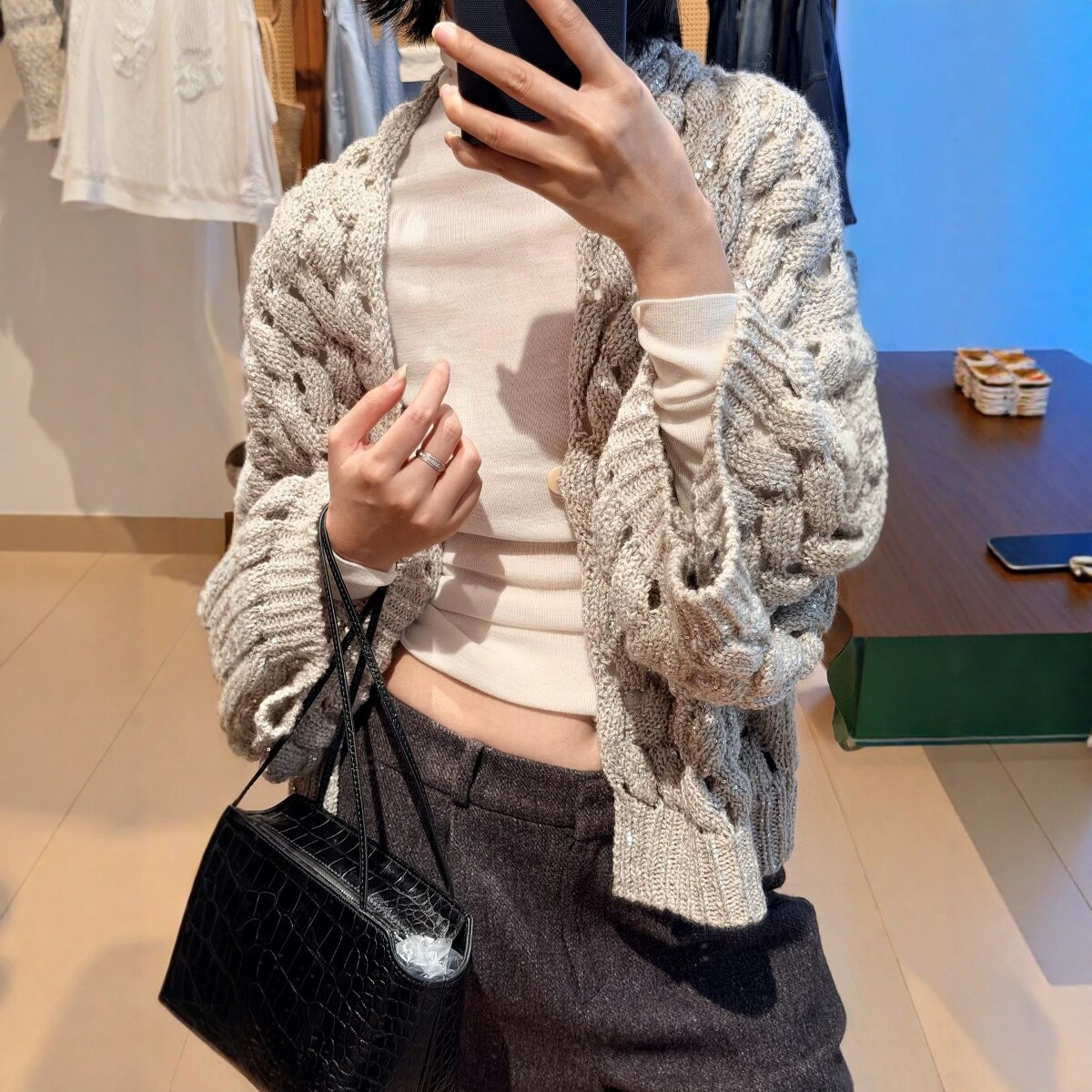 BC老钱真丝亚麻绞花麻花亮片镂空针织开衫毛衣外套女