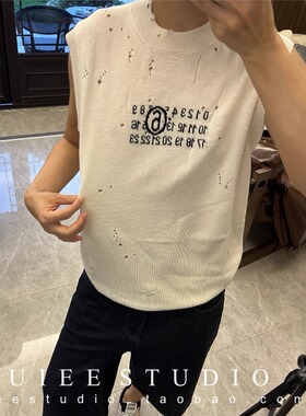 M数字破洞做旧毛边宽松绵羊毛薄款针织无袖马甲叠穿背心女