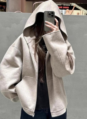AC 羊毛+羊绒双面呢宽松拉链连帽外套大衣女