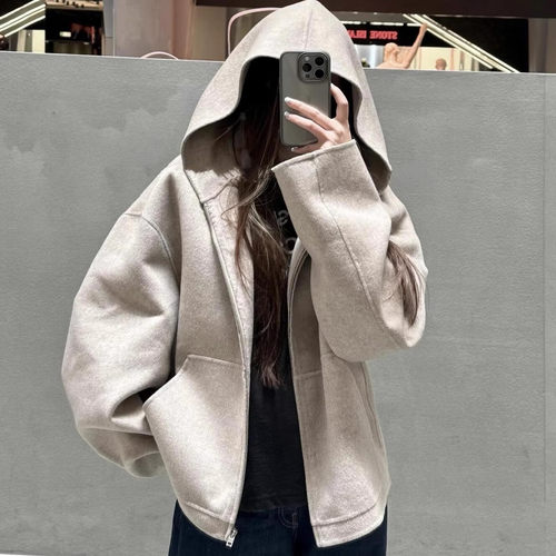 AC羊毛羊绒双面呢拉链连帽外套女