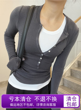【特价不退换】薄款亨利领贝壳纽扣羊毛天丝弹力修身长袖T恤女