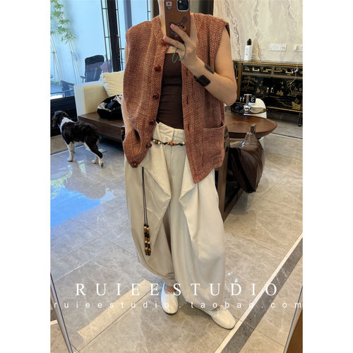 中古玛瑙扣重工亚麻编织马甲女