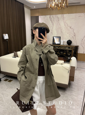 LP经典款老钱风100亚麻抽绳立领宽松慵懒长袖工装外套女