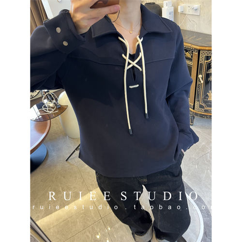 老钱polo翻领系带长袖运动卫衣女