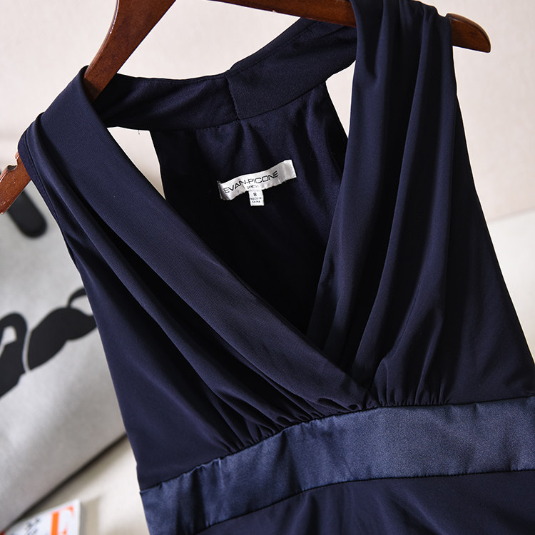 优雅深蓝V领无袖收腰显瘦连衣裙