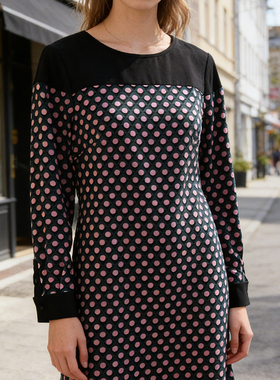 原单boden淑女风复古波点连衣裙女长袖圆领拼接设计感修身中长裙