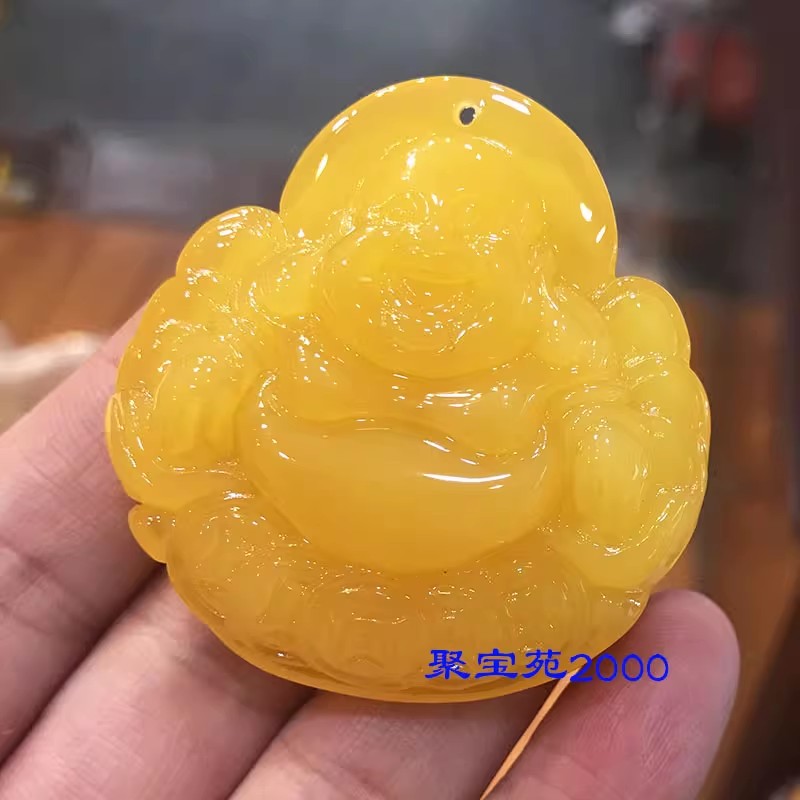 琥珀笑佛长款毛衣链男女鸡油黄老蜜佛公金钱佛仿蜜蜡弥勒佛吊坠