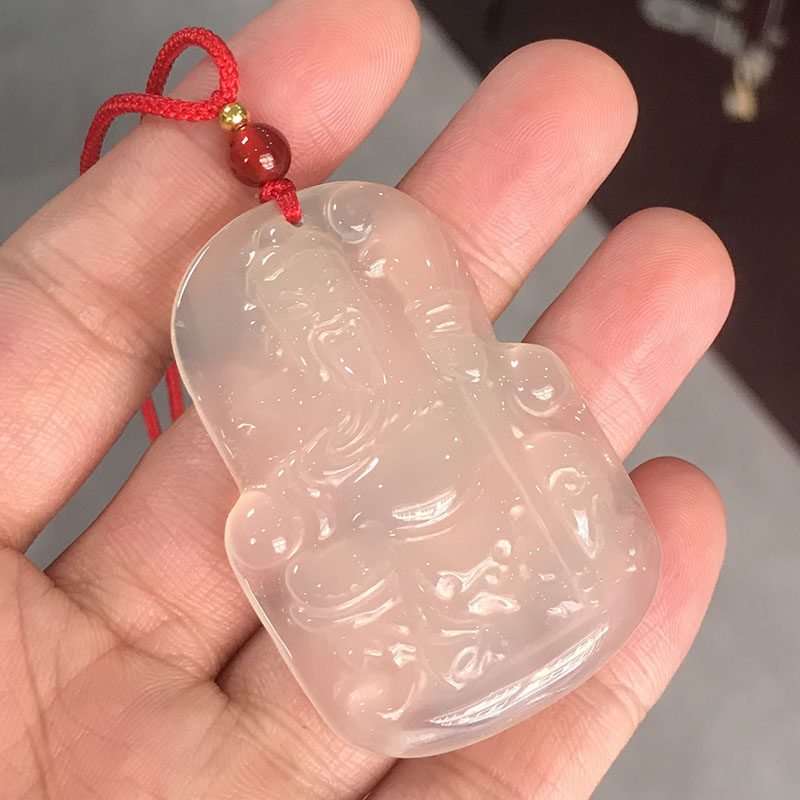 天然冰透玉髓关羽牌子关二爷武财神挂坠无事牌挂件白玛瑙关公吊坠