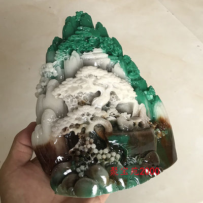天蓝色独玉山水风景摆件家居玄关独山玉雕刻乐在其中玉石工艺摆饰