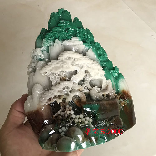 天蓝色独玉山水风景摆件家居玄关独山玉雕刻乐在其中玉石工艺摆饰