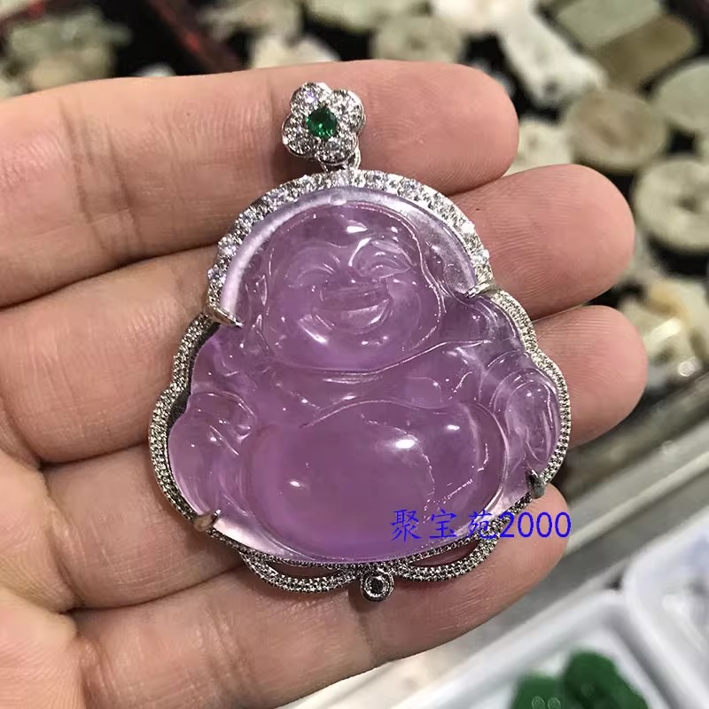 冰透玉石弥勒佛挂坠玉挂件项坠新品紫罗兰翡翠色镶嵌平安观音吊坠