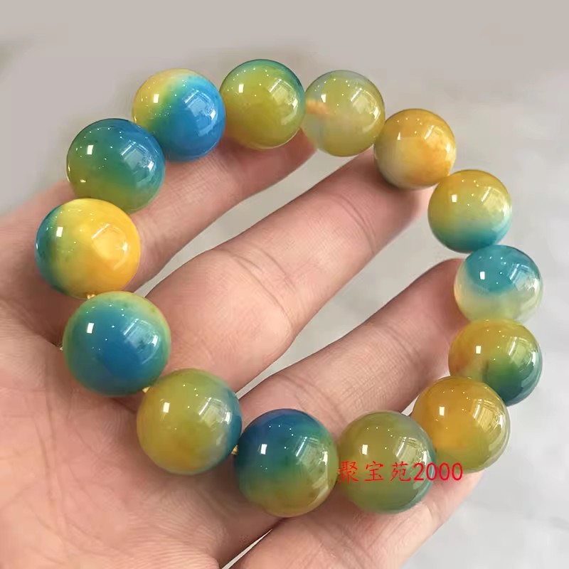 蓝玉髓梦幻手串男女水晶玉石手饰情侣礼物天然俏色黄玛瑙圆珠手链