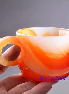 带把手鸡血玉节节高升茶杯主人杯咖啡杯雕刻竹节杯仿玉髓玛瑙杯子