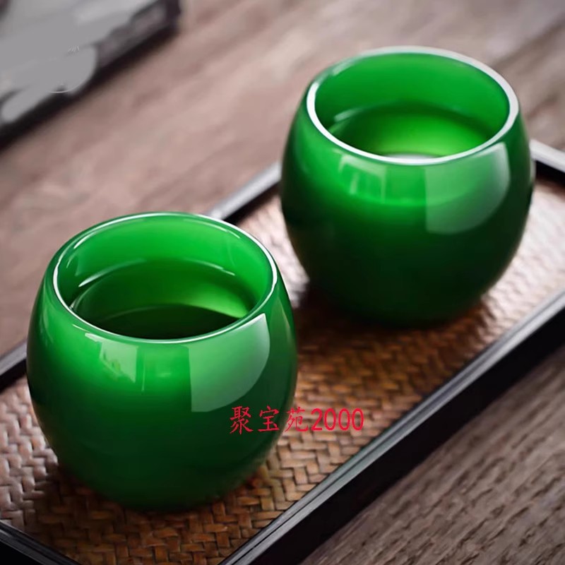 品茗杯加厚建盏主人杯功夫茶具茶杯帝王绿冰种翡翠色琉璃玉瓷杯子