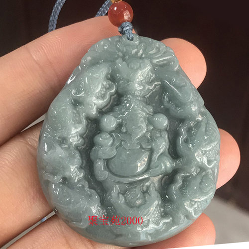 天然A货翡翠双面精雕财神爷挂件油青玉八方来财挂坠蓝水财神吊坠