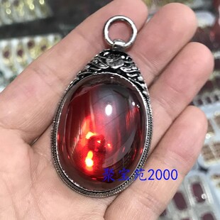 蛋形锆石镶嵌藏银复古气质吊坠人造合成红宝石挂链坠女毛衣链礼物