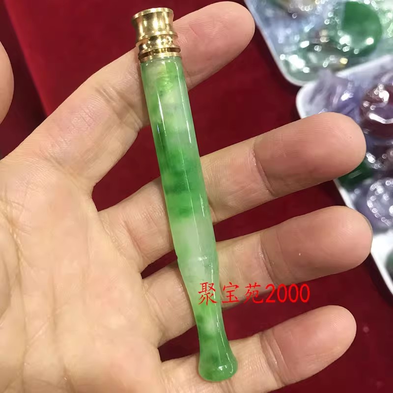 冰种飘绿花石英岩玉翡翠色镶嵌纯铜过滤嘴仿古清代烟嘴古玉古董