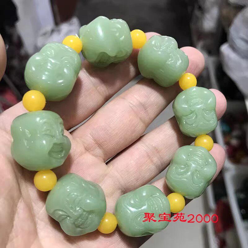 天然玉石双面笑佛手串文玩手饰黄口玉手链仿和田玉佛头手串珠手链