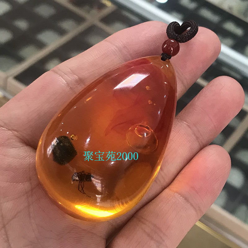 蚂蚁昆虫化石标本仿水胆琥珀挂件虫珀观赏坠子琥珀蜜蜡水滴形吊坠