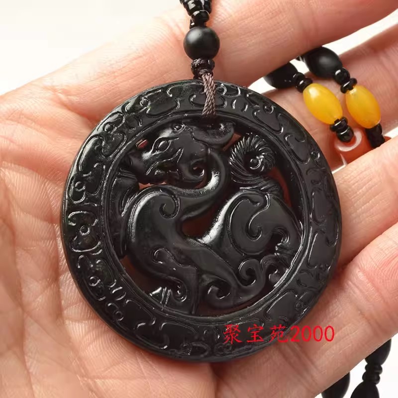 镂空皮休挂件黑绿玉项链情侣玉佩男女款新疆墨绿玉貔貅吊坠玉坠