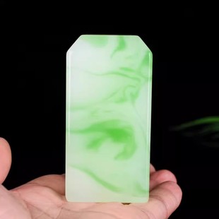 和田青花玉印章料摆件藏书篆刻带翠色摆件把件镇尺仿玉石飘绿印章