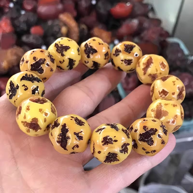 原石打磨做旧古玩件波罗的海老蜜蜡手串男女款鸡油黄琥珀核桃手链