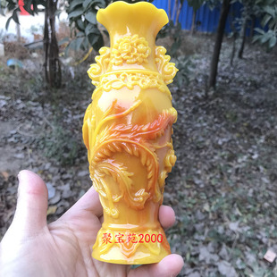 寿山石雕田黄石龙凤花瓶客厅摆件古玩件仿黄龙玉原石花瓶摆件一对