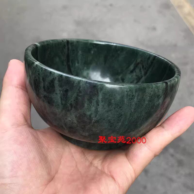 玉石家用饭碗养生玉碗原石精雕汤碗摆件玉礼品天然墨绿玉药王石碗