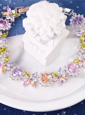 欧美跨境热销彩色锆石花朵手链女小众设计感高级轻奢气质手饰