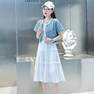 秋思婵短袖牛仔两套吊带连衣裙套装2025夏季新款中长款背心连衣裙