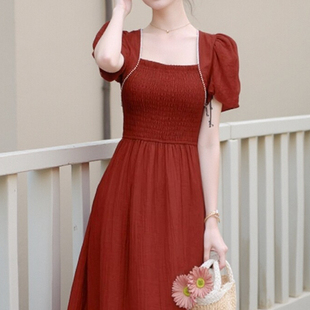 秋思婵女短袖2025夏季新款方领显瘦中长款珍珠荷叶边连衣裙a字裙
