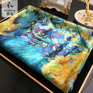 【梵高油画-鸢尾花】100%桑蚕丝高端人字纹真丝丝巾长围巾披肩女