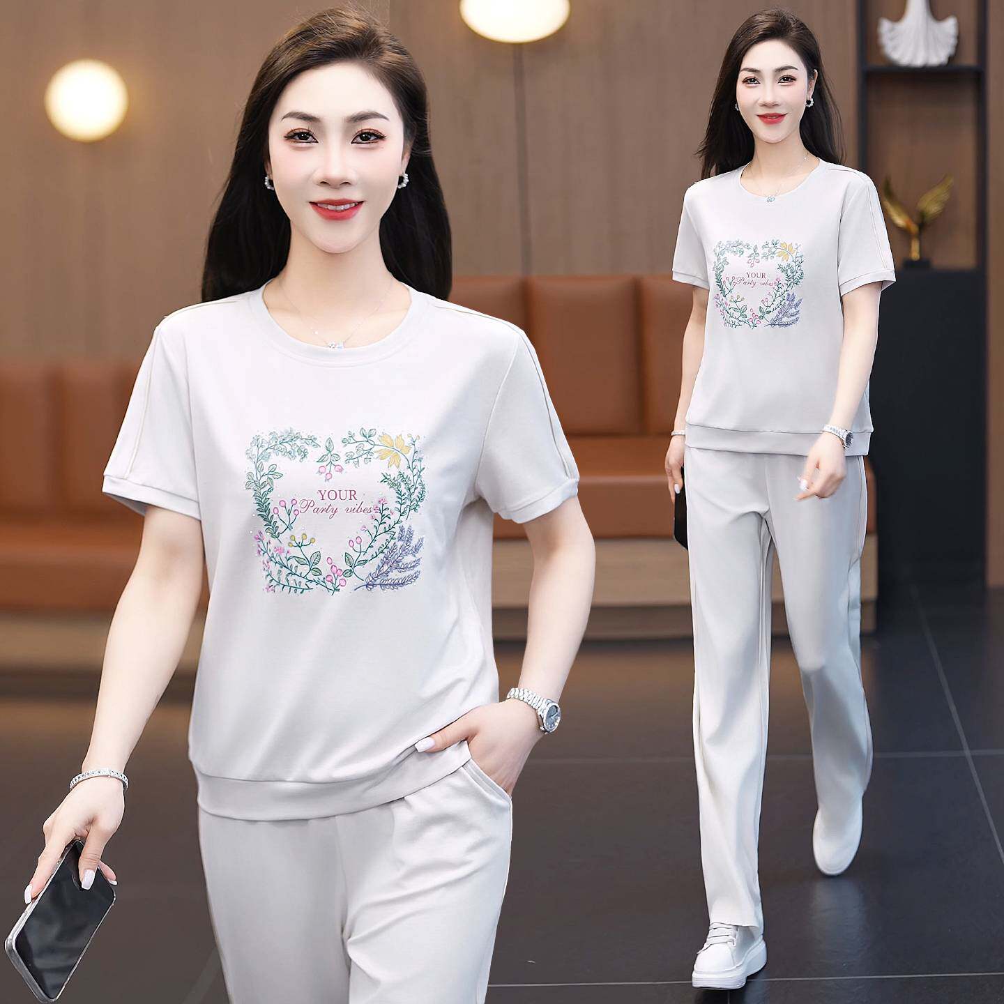 专柜品牌时尚运动套装女夏季新款紫色印花短袖显瘦圆领冰丝休闲两
