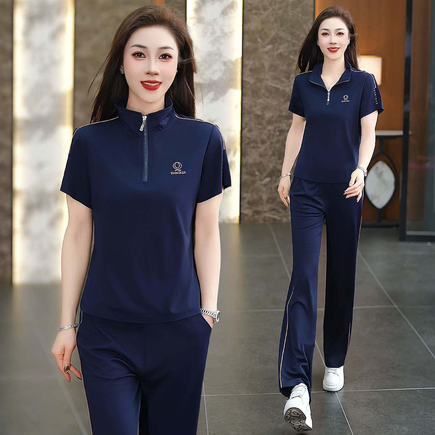 专柜品牌时尚休闲运动套装女2026夏新款短袖立领半拉链宽松显瘦冰
