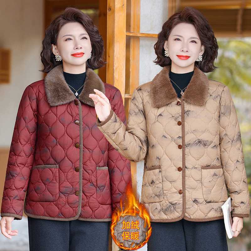 专柜妈妈冬装加绒加厚翻领格纹小棉袄中老年女装冬季宽松休闲保暖