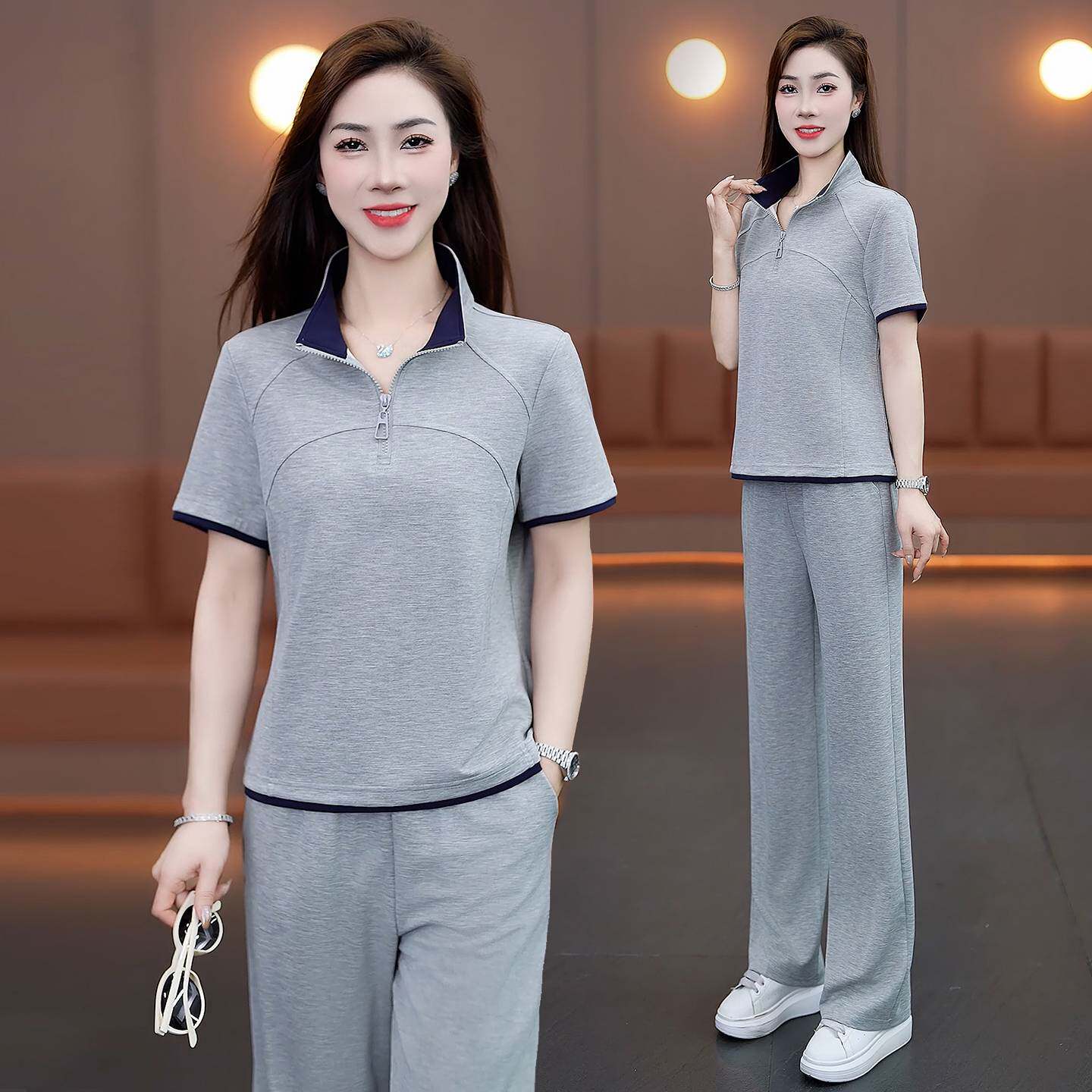 专柜品牌休闲运动套装女2026夏季新款立领半拉链短袖长裤冰丝显瘦
