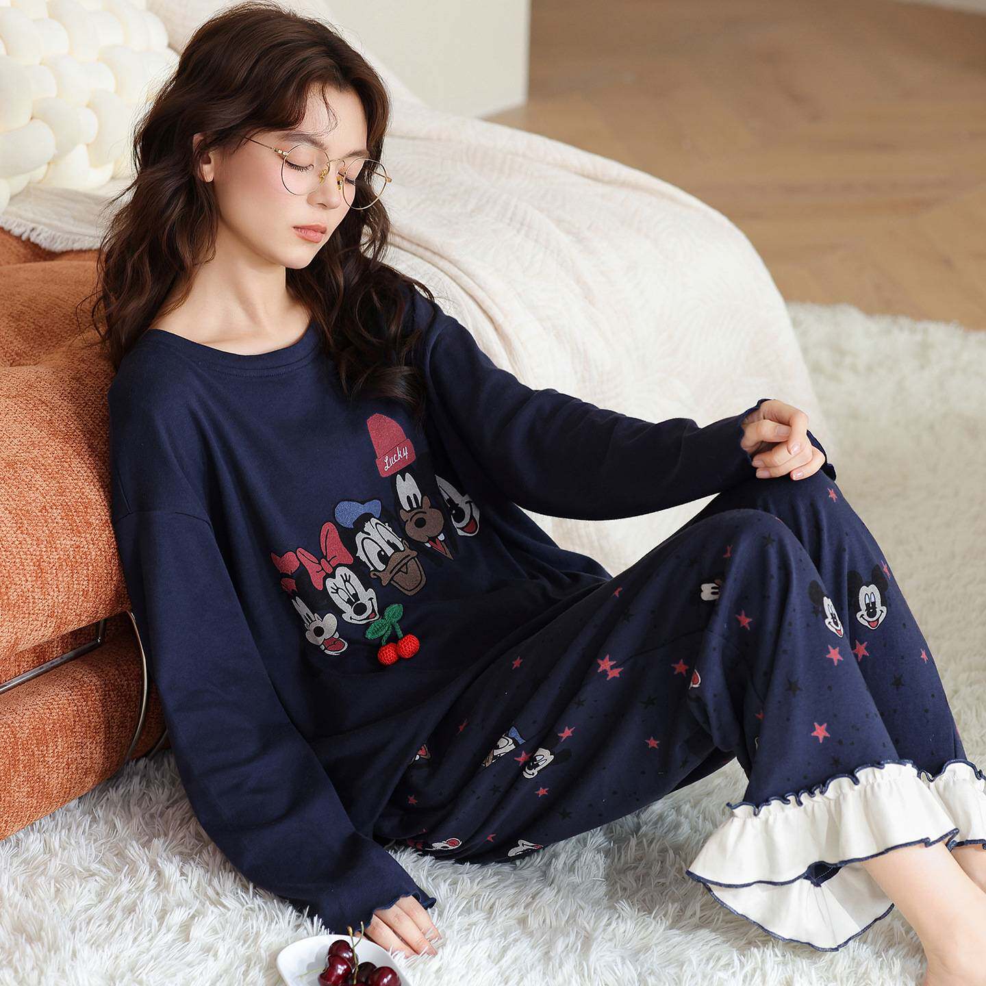 专柜品牌可外穿纯棉睡衣女款春秋季长袖秋冬款全棉休闲套头家居服