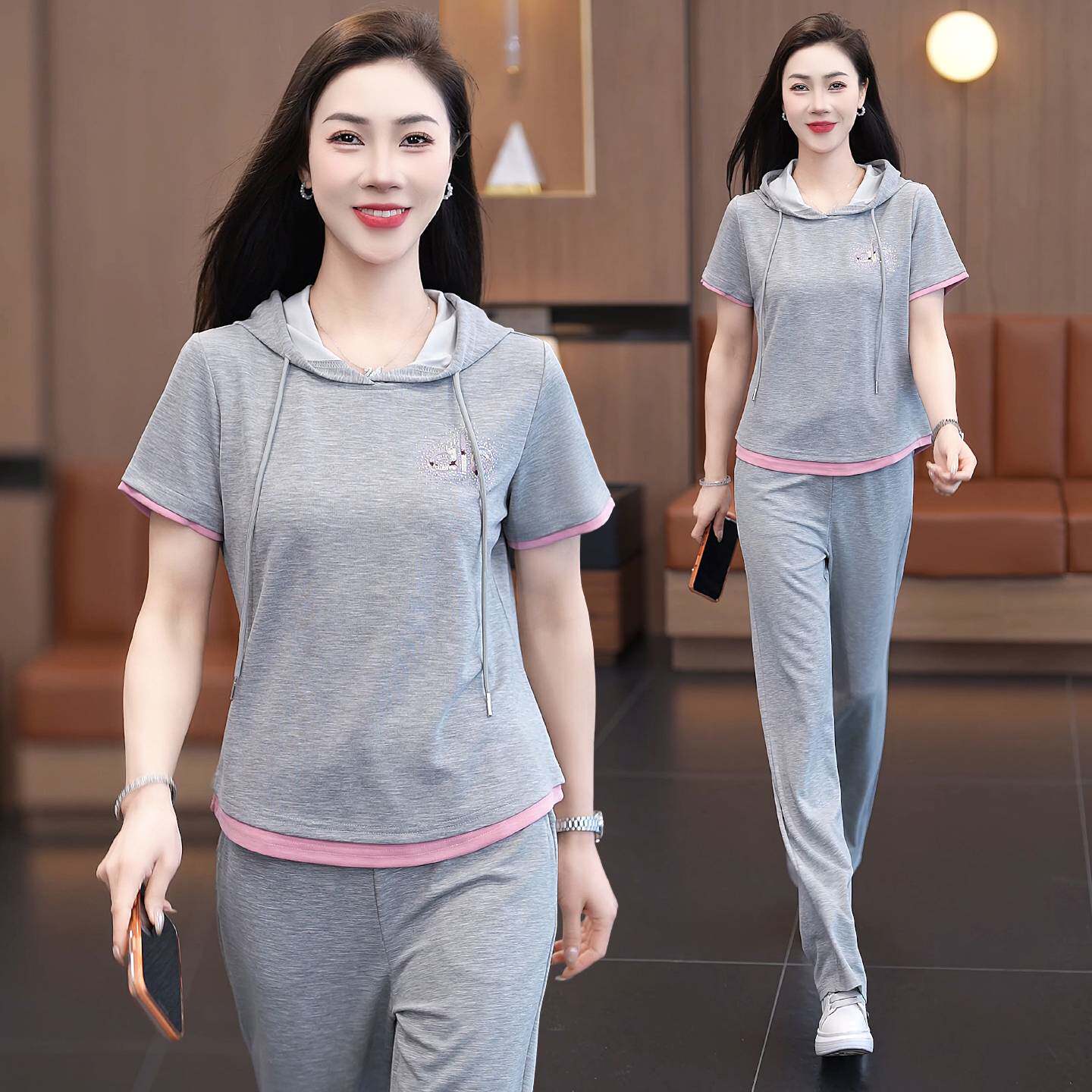 专柜品牌冰丝显瘦休闲运动套装女2026夏季新款时尚洋气减龄连帽短