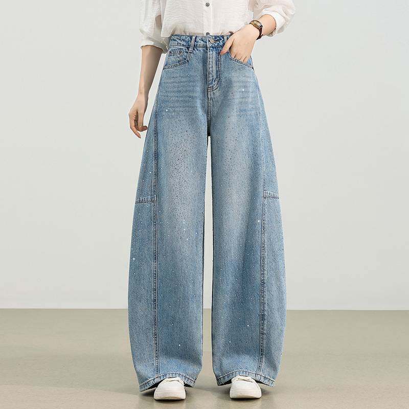专柜品牌高腰显瘦烫钻弯刀牛仔裤女2026春夏新款垂感显高时尚拖地