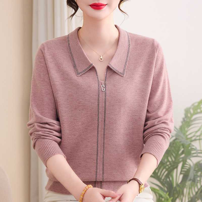 专柜时尚妈妈装针织上衣女春秋季50岁中老年女士洋气毛衣翻领套头