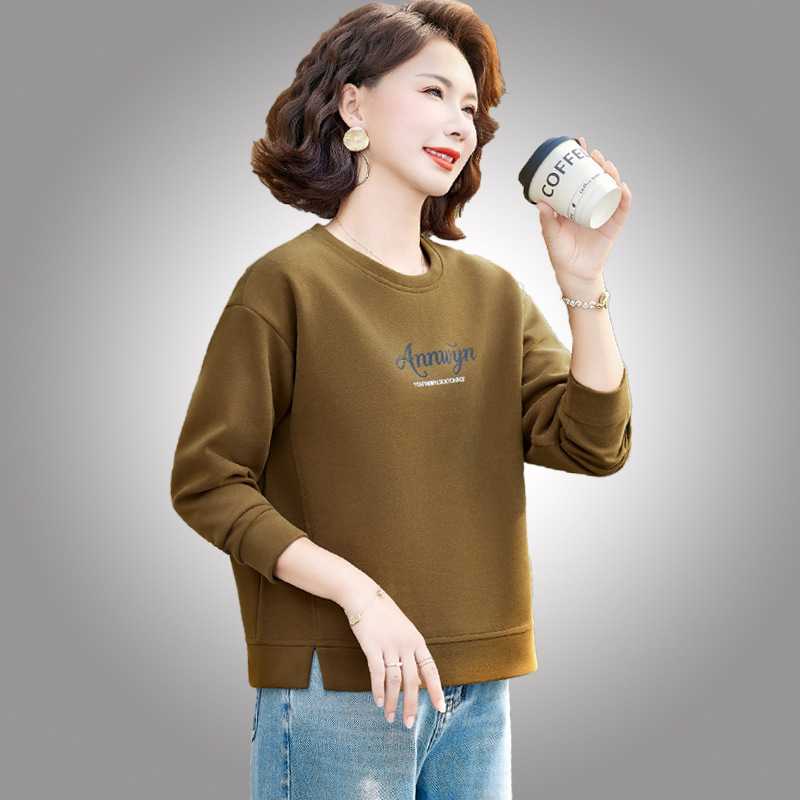 专柜妈妈装春秋季新款圆领长袖T恤上衣中年女士宽松遮肉减龄百搭