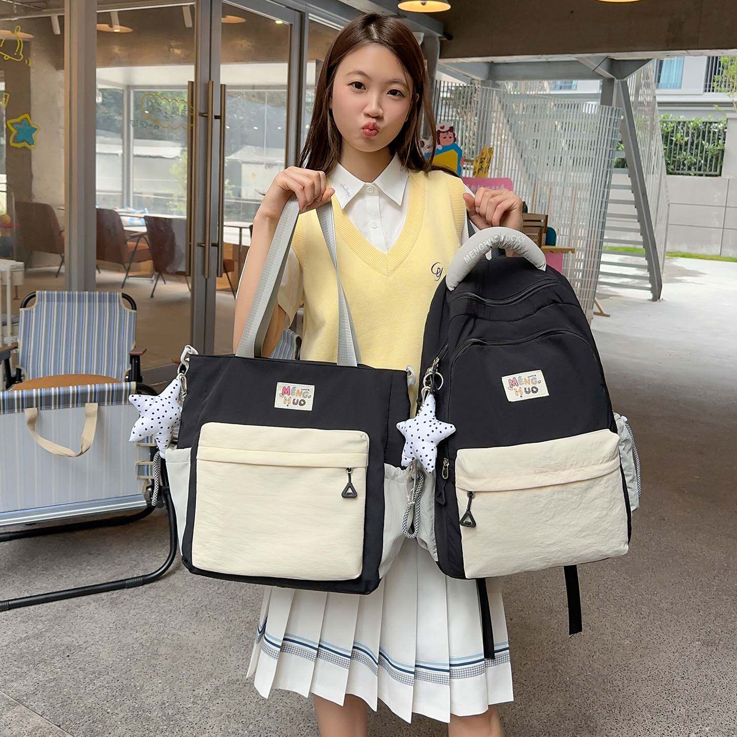 专柜新款ins软妹背包韩版纯色大容量学生书包甜美清新少女休闲双