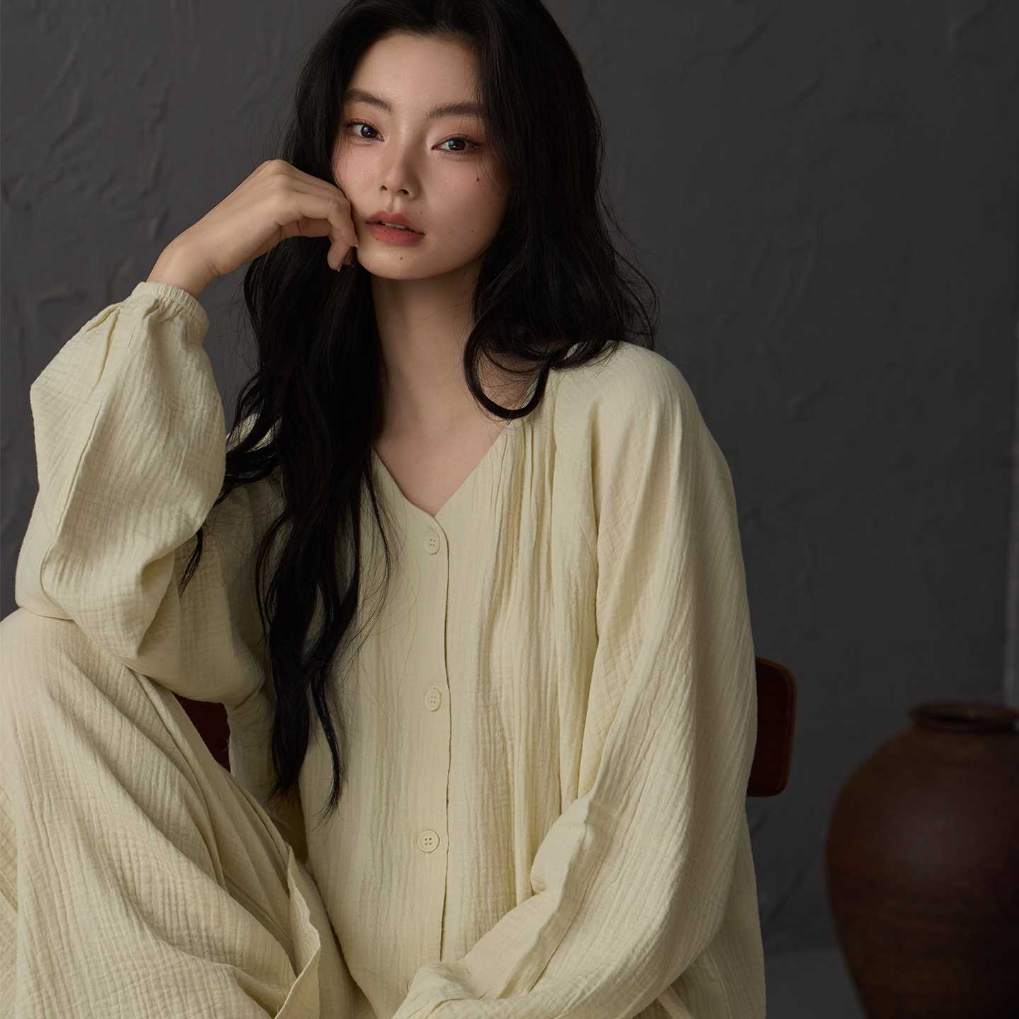 专柜睡衣女款春秋季纯棉双层纱布长袖松弛感慵懒风婴儿棉可外穿家