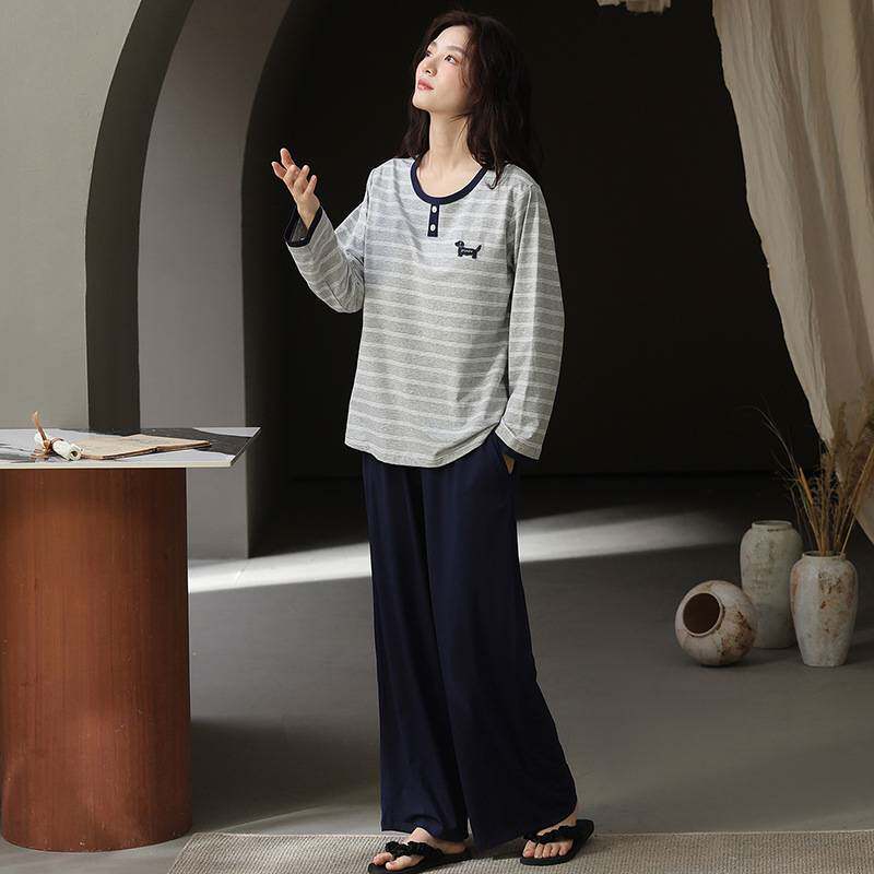 专柜品牌睡衣女款春秋季纯棉长袖新款休闲条纹带胸垫家居服套装可