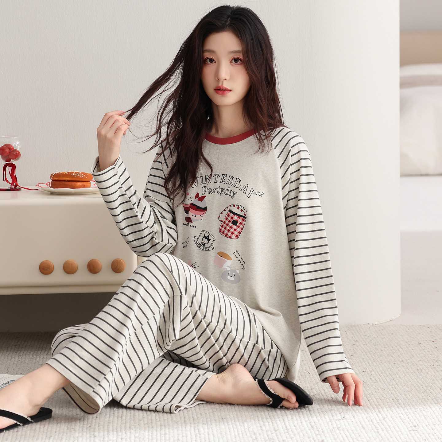 专柜睡衣女春秋纯棉长袖高级感插肩袖条纹卡通学生秋季全棉家居服