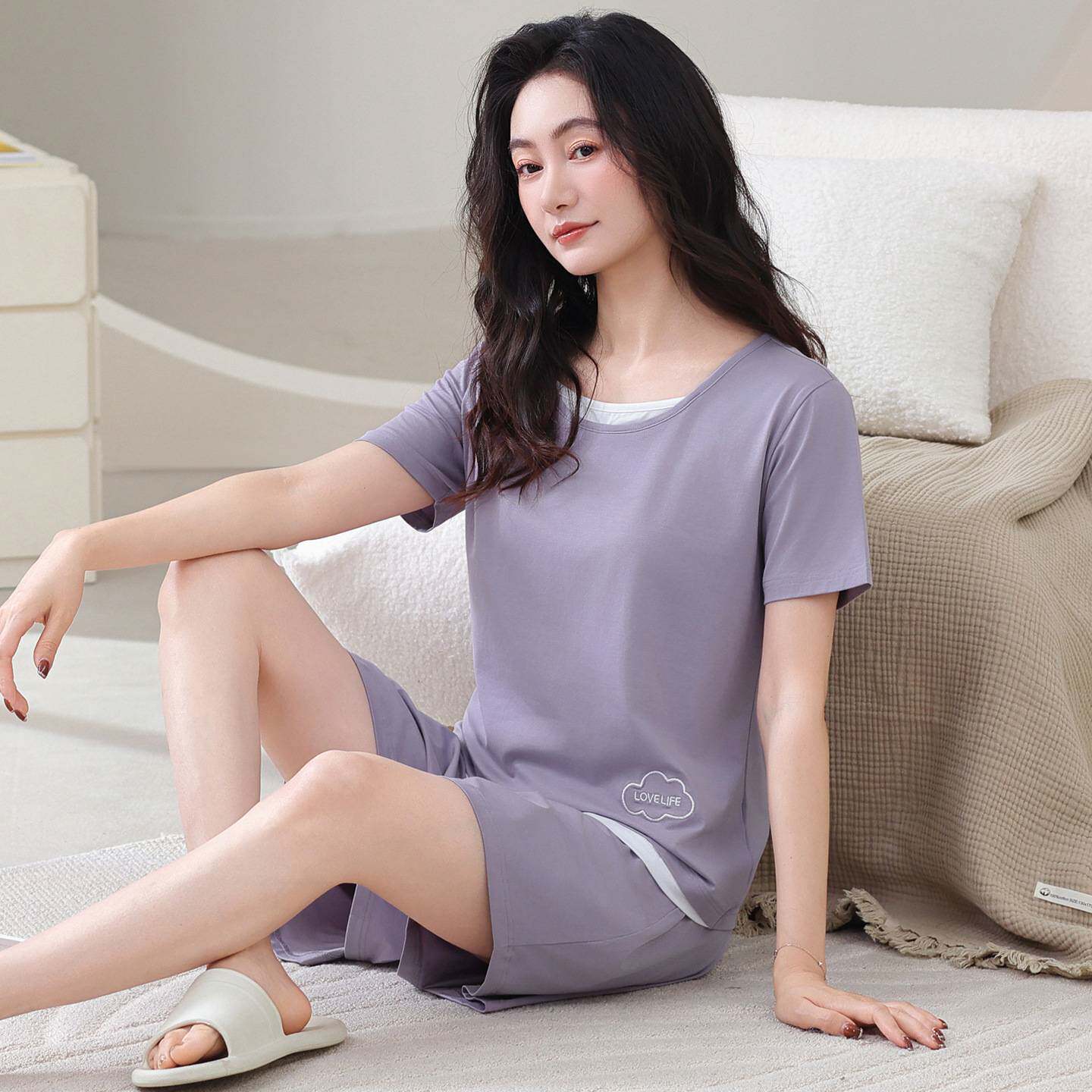专柜品牌夏季莫代尔棉睡衣女士薄款短袖时尚假两件休闲简约家居服