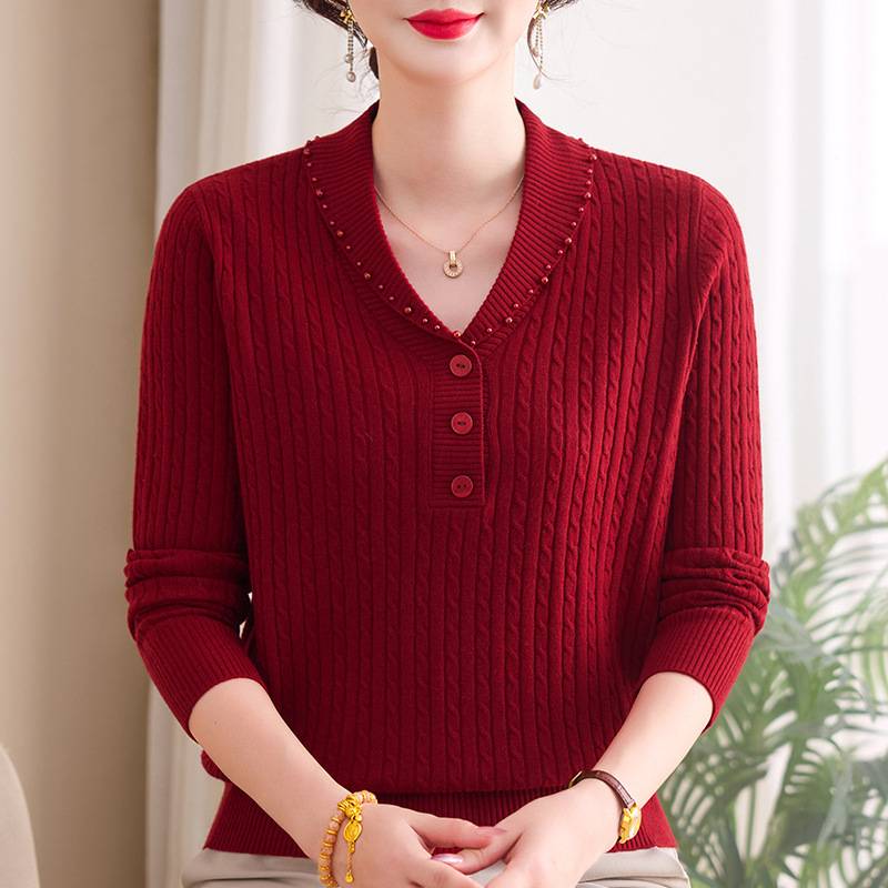 专柜中年妈妈秋装洋气针织衫中老年女装翻领显瘦小香风上衣长袖打