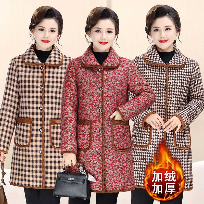 专柜中老年妈妈冬装棉服女士加绒加厚连帽棉衣老奶奶中长款保暖厚