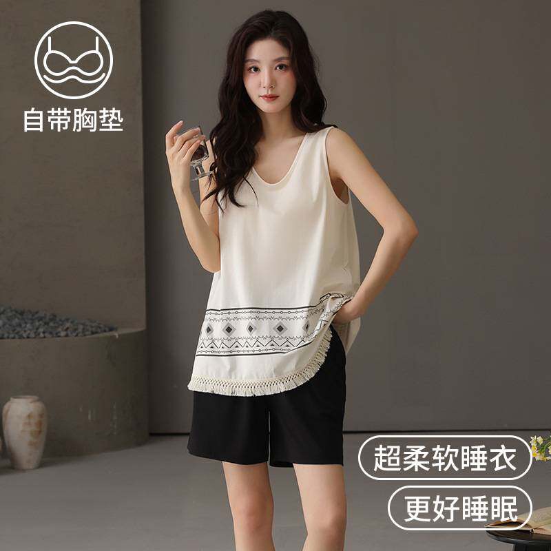 专柜品牌带胸垫一体背心睡衣女夏季纯棉薄款无袖吊带可外穿家居服