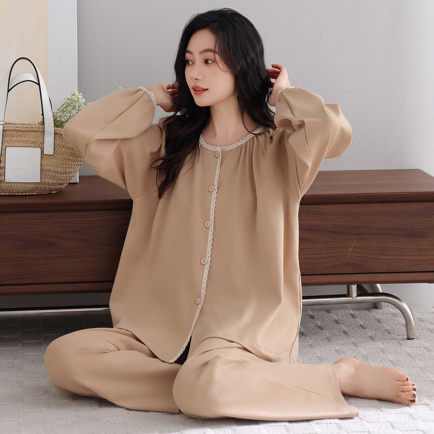 专柜睡衣大码女胖mm春秋款纯棉长袖开衫女士家居服冬季素雅可外穿